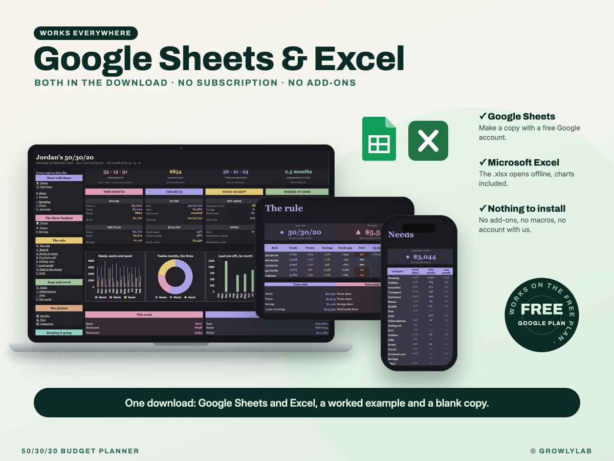 50/30/20 Budget Planner Spreadsheet for Google Sheets and Excel — Google Sheets and Excel
