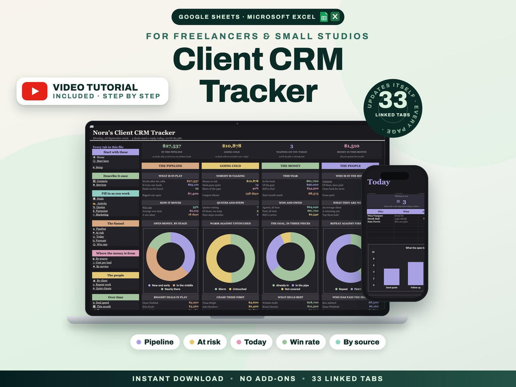 CRM Spreadsheet, Client and Lead Tracker for Google Sheets and Excel — cover