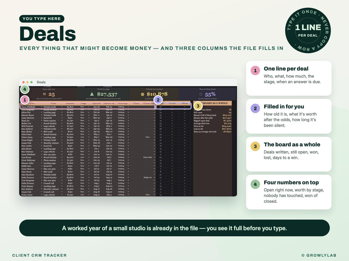 CRM Spreadsheet, Client and Lead Tracker for Google Sheets and Excel — where you type