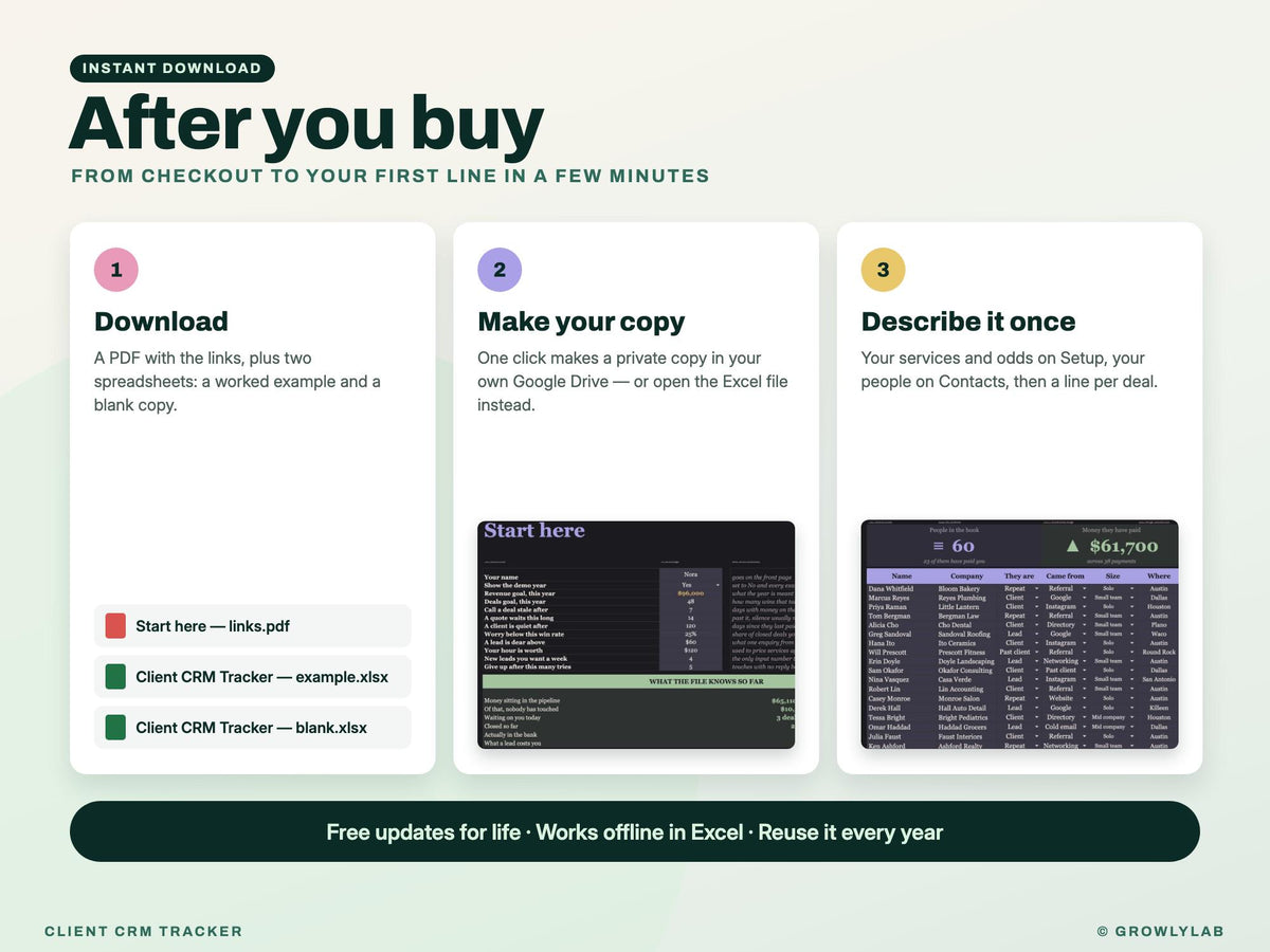 CRM Spreadsheet, Client and Lead Tracker for Google Sheets and Excel — after you buy