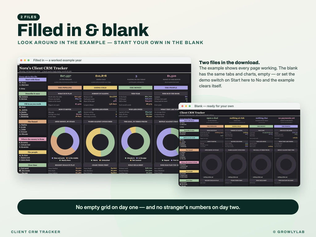 CRM Spreadsheet, Client and Lead Tracker for Google Sheets and Excel — filled in and blank