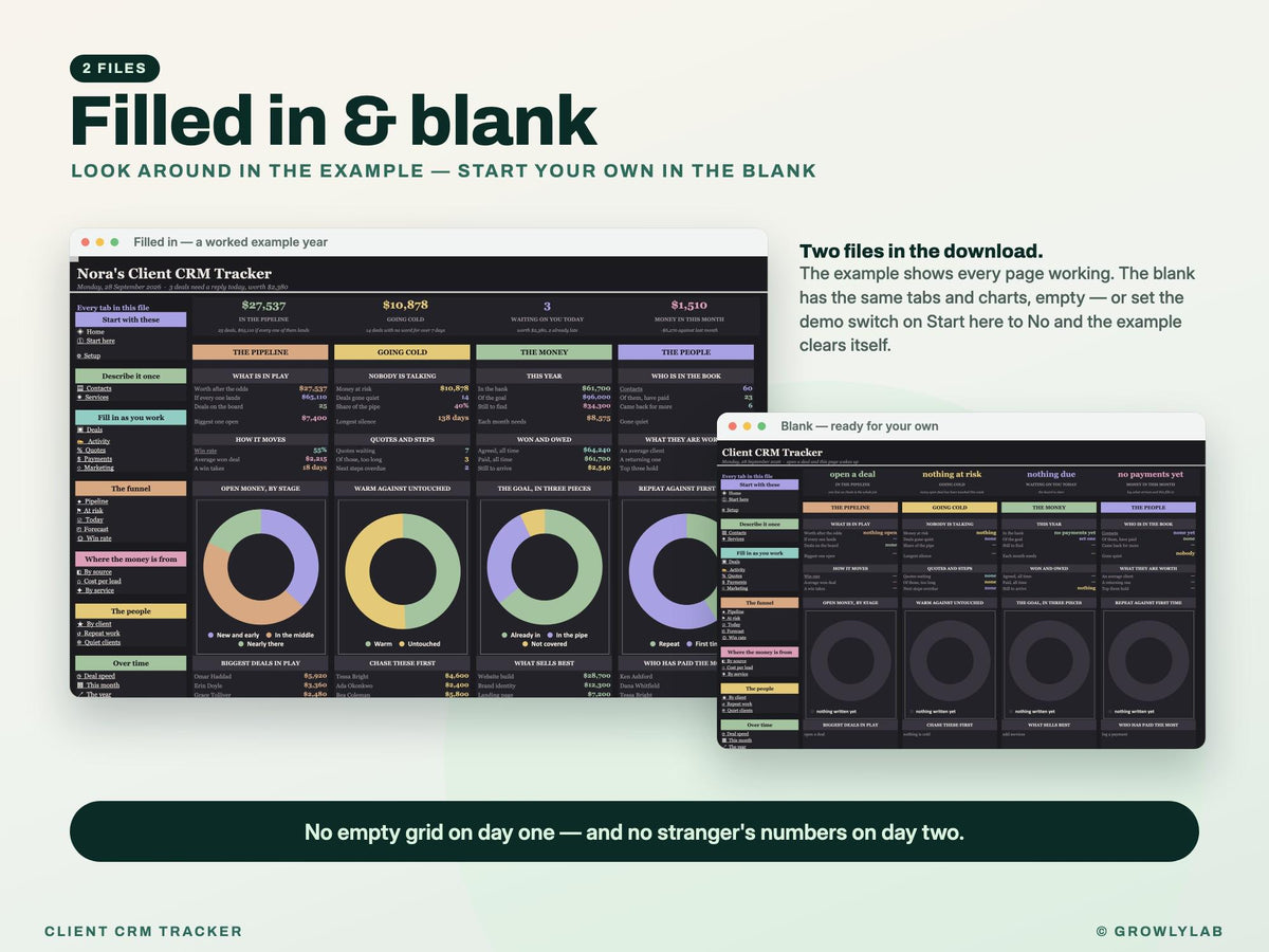 CRM Spreadsheet, Client and Lead Tracker for Google Sheets and Excel — filled in and blank