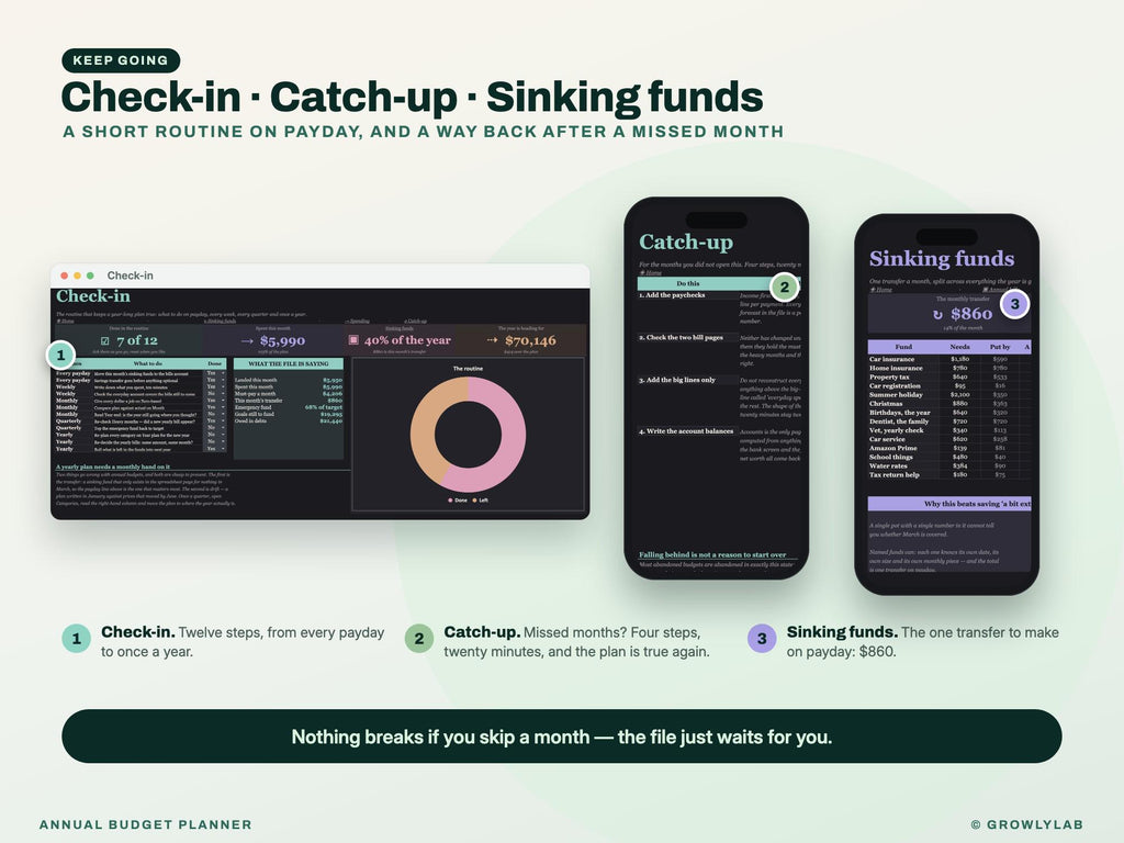 Annual Budget Planner Spreadsheet for Google Sheets and Excel — check-in and catch-up