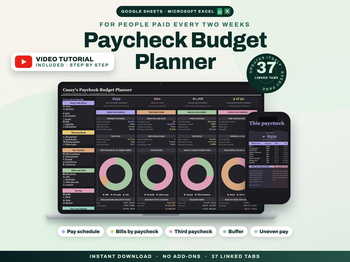 Paycheck Budget Planner Spreadsheet for Google Sheets and Excel — cover