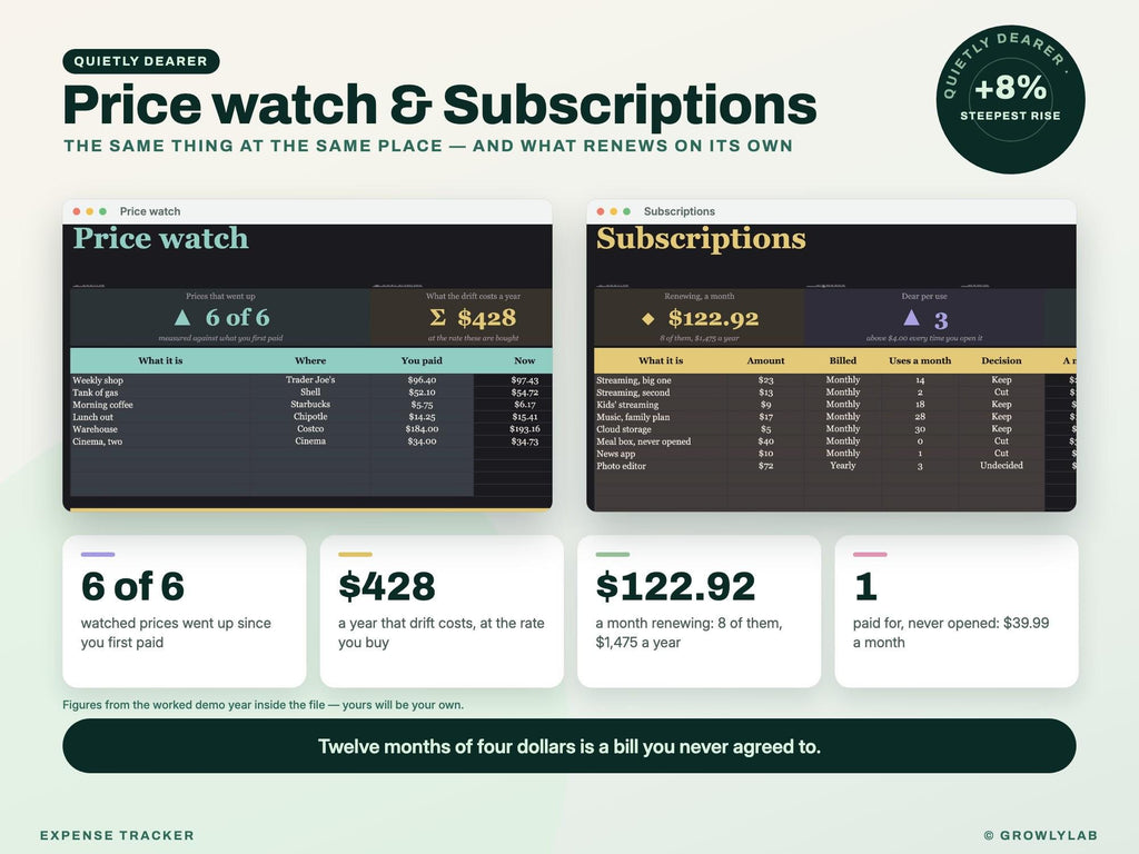 Expense Tracker Spreadsheet for Google Sheets and Excel — price subs