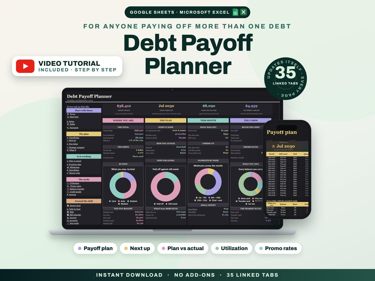 Debt Payoff Planner Spreadsheet for Google Sheets and Excel — cover
