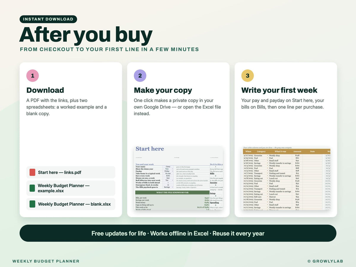Weekly Budget Planner Spreadsheet for Google Sheets and Excel — after you buy