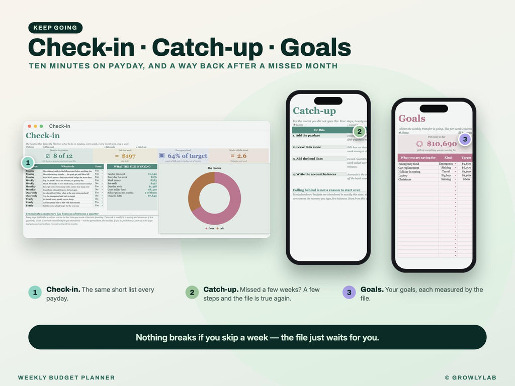 Weekly Budget Planner Spreadsheet for Google Sheets and Excel — check-in and catch-up