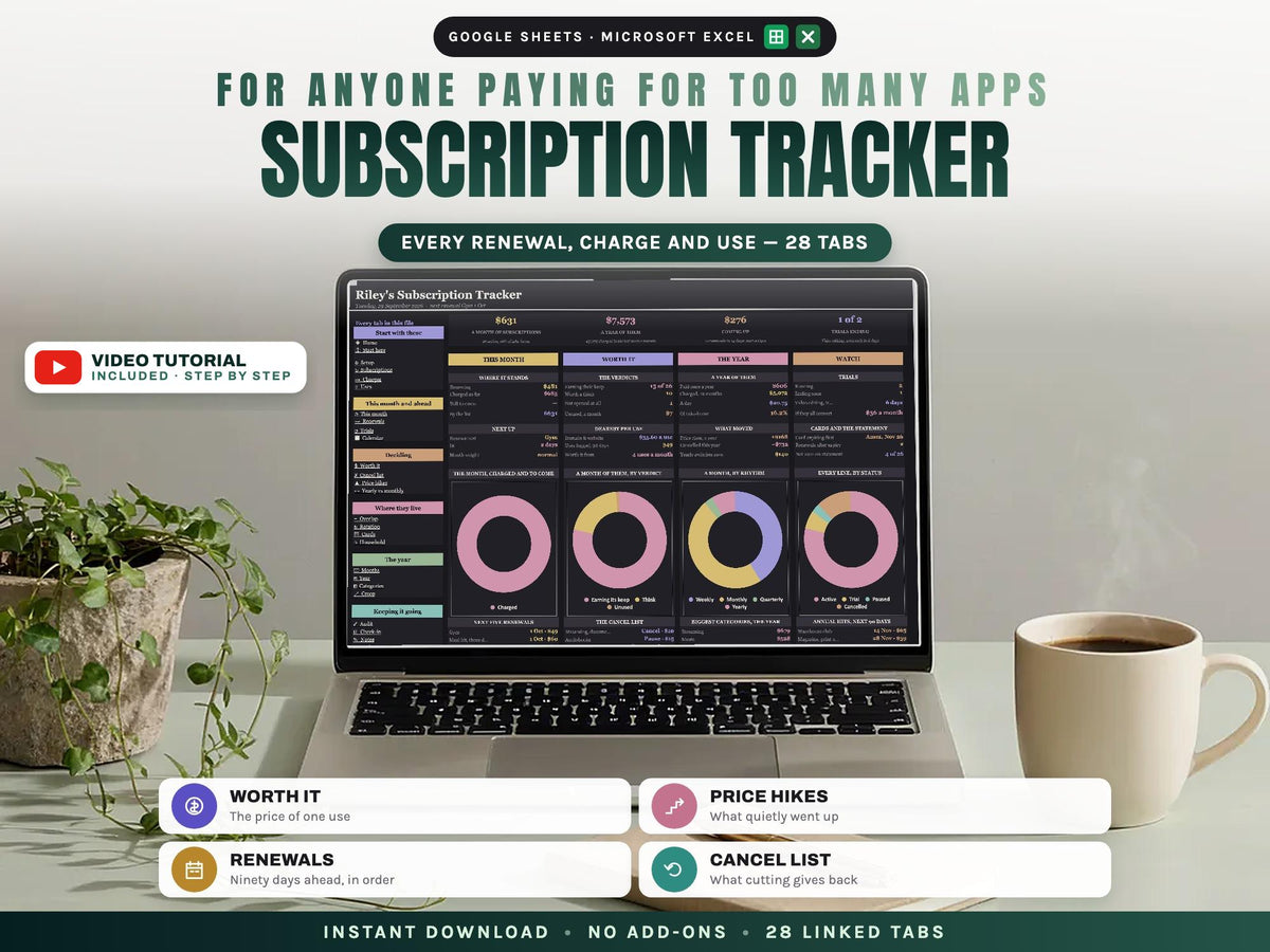 Subscription Tracker Spreadsheet for Google Sheets and Excel — cover