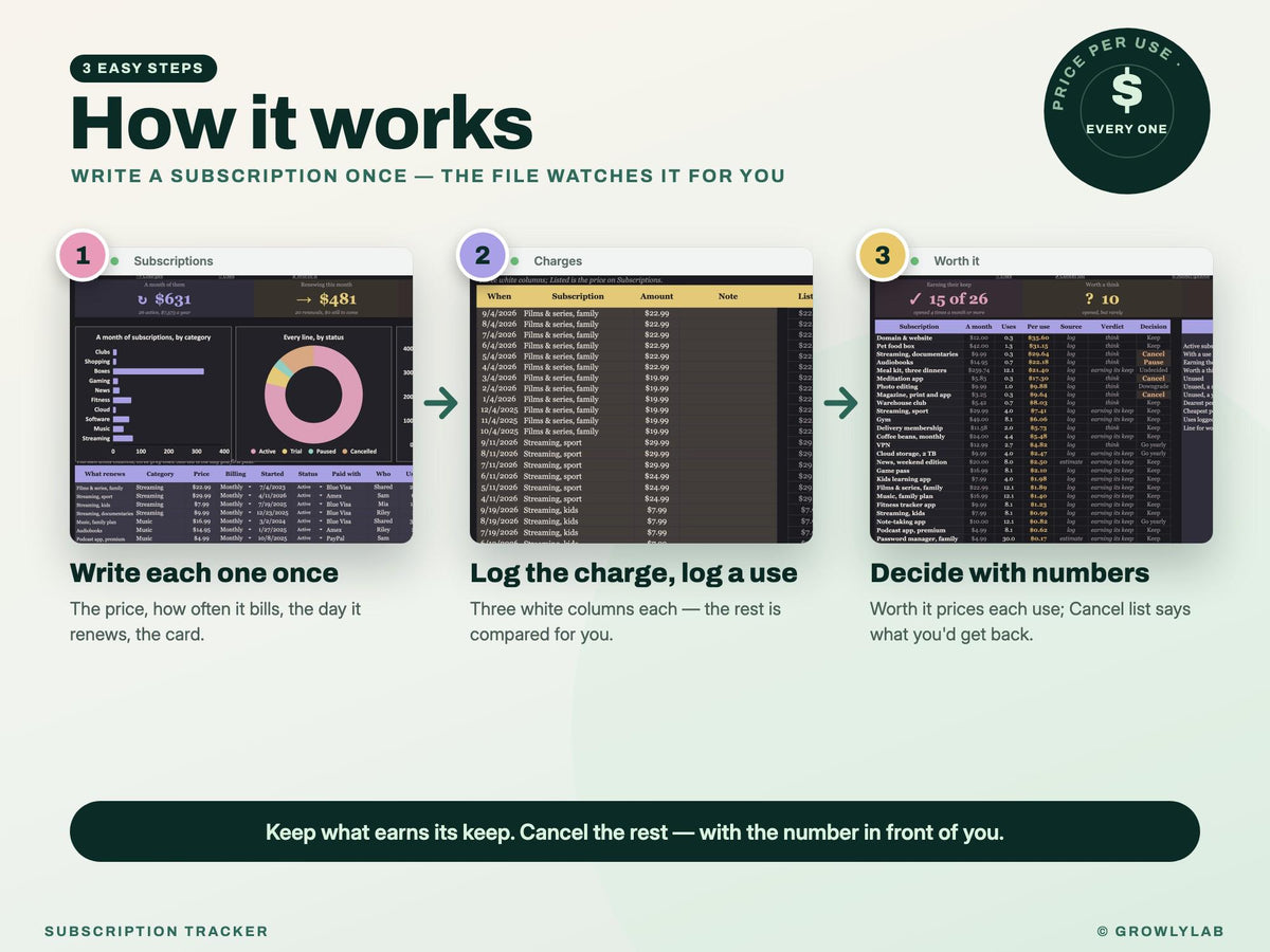 Subscription Tracker Spreadsheet for Google Sheets and Excel — how it works