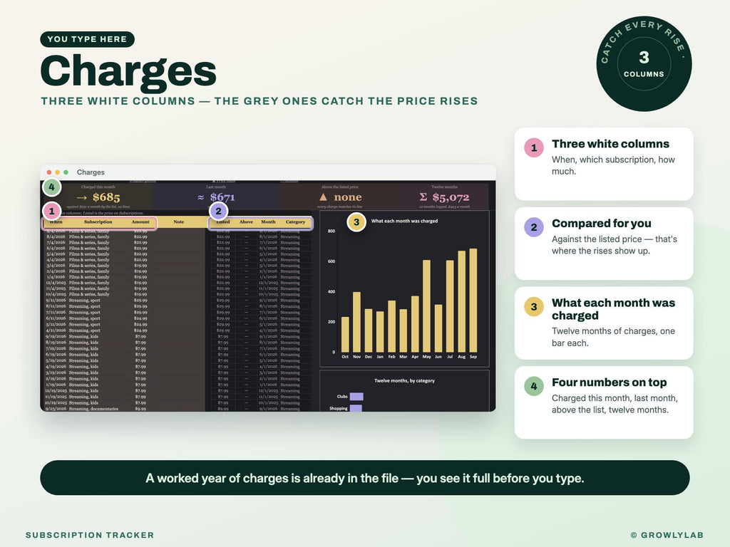 Subscription Tracker Spreadsheet for Google Sheets and Excel — where you type
