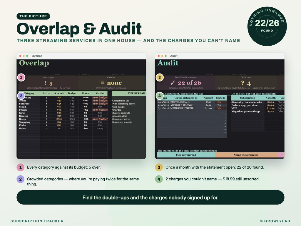 Subscription Tracker Spreadsheet for Google Sheets and Excel — overlap audit