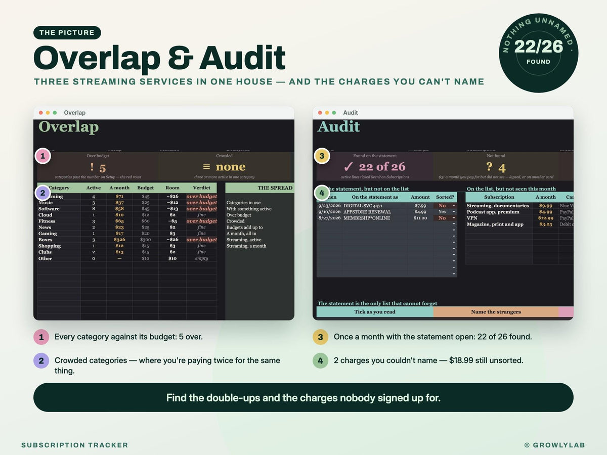 Subscription Tracker Spreadsheet for Google Sheets and Excel — overlap audit