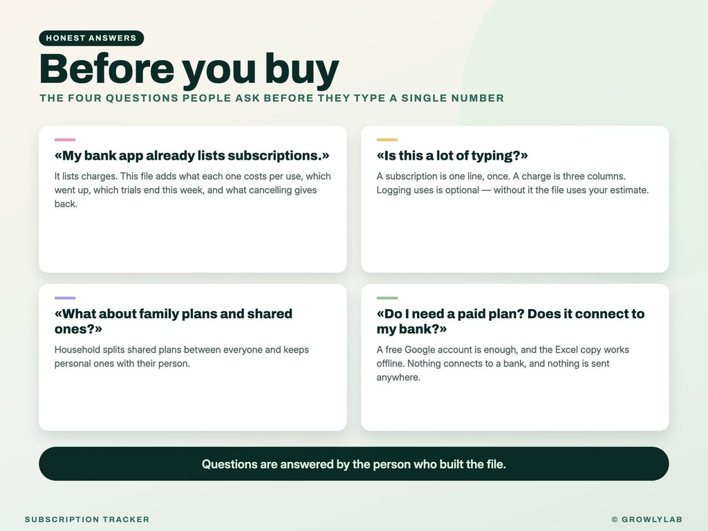 Subscription Tracker Spreadsheet for Google Sheets and Excel — before you buy