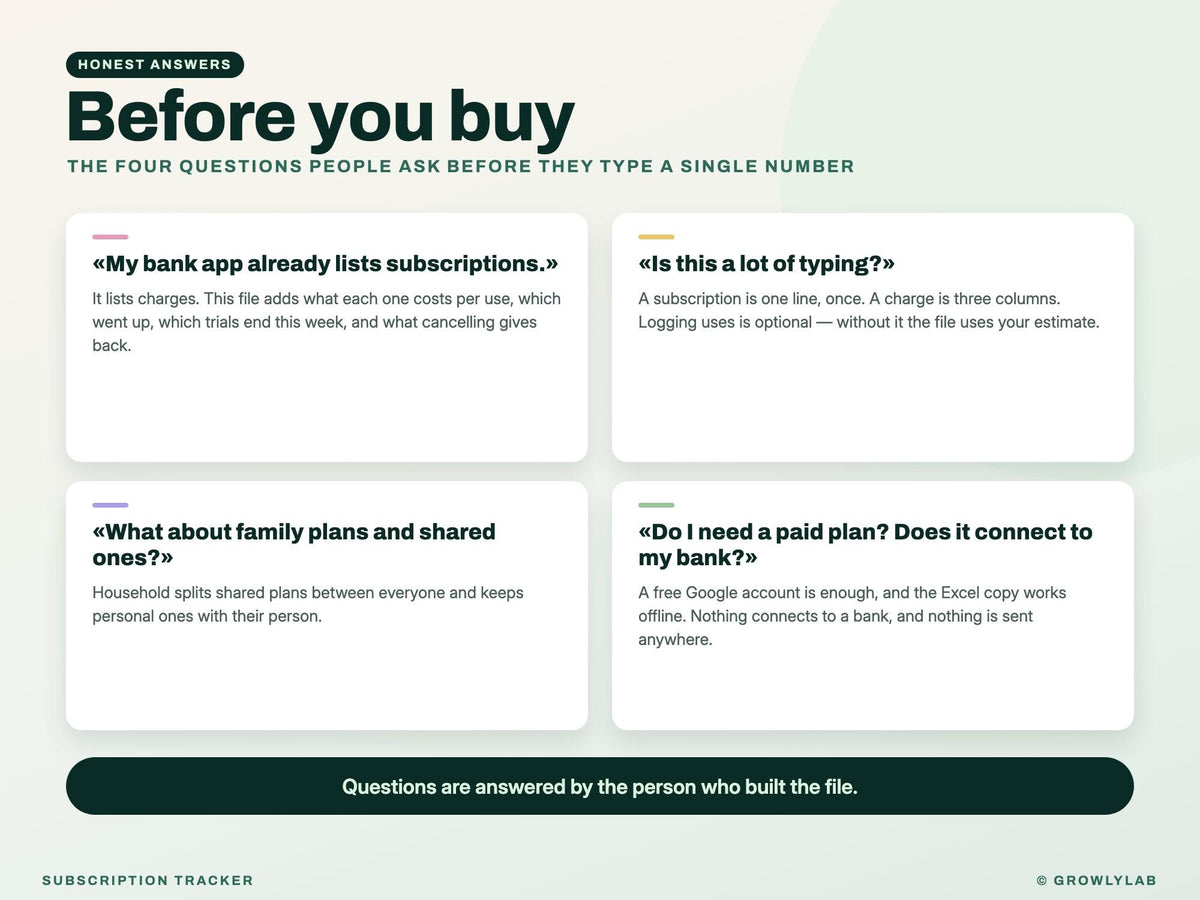 Subscription Tracker Spreadsheet for Google Sheets and Excel — before you buy