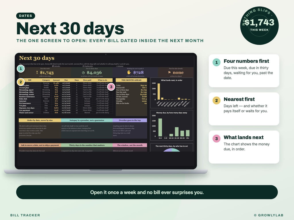Bill Tracker Spreadsheet for Google Sheets and Excel — next 30