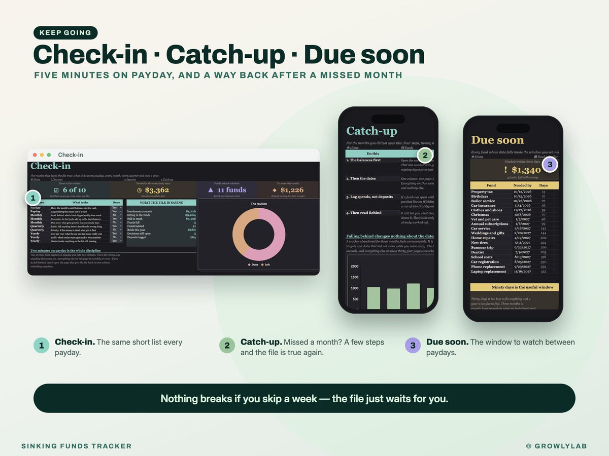 Sinking Funds Tracker Spreadsheet for Google Sheets and Excel — check-in and catch-up