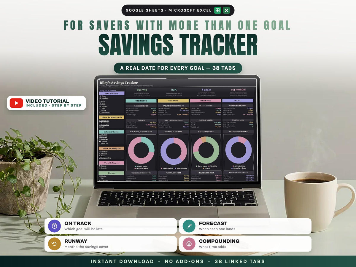 Savings Tracker Spreadsheet for Google Sheets and Excel — cover