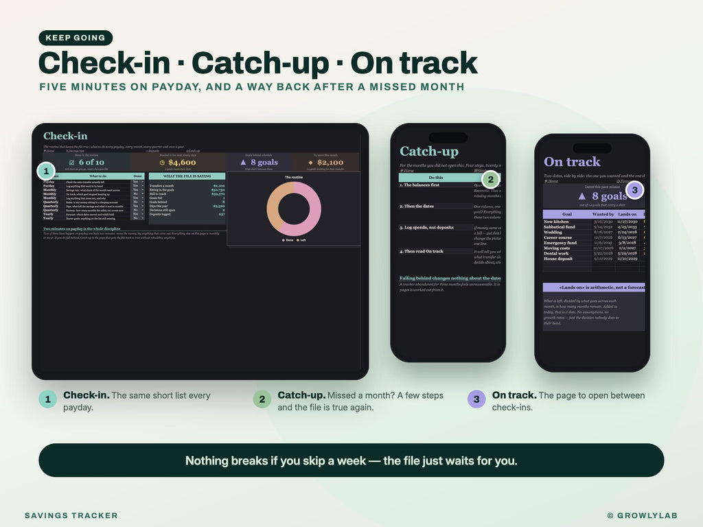 Savings Tracker Spreadsheet for Google Sheets and Excel — check-in and catch-up