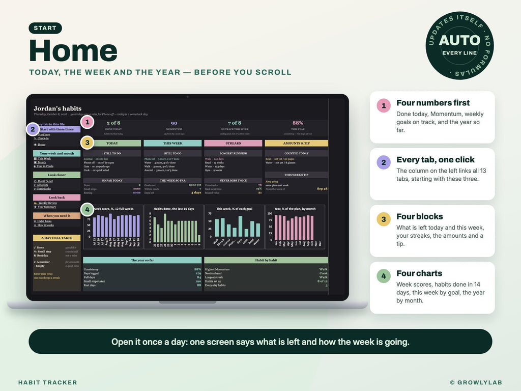 Habit Tracker Spreadsheet Google Sheets Excel Dark Mode Yearly Habit Planner Daily Weekly Habit Goals Routine Tracker Streak Tracker — Home dashboard