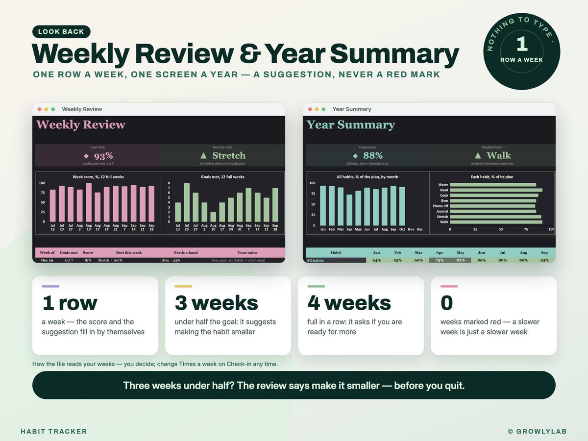 Habit Tracker Spreadsheet Google Sheets Excel Dark Mode Yearly Habit Planner Daily Weekly Habit Goals Routine Tracker Streak Tracker — review summary
