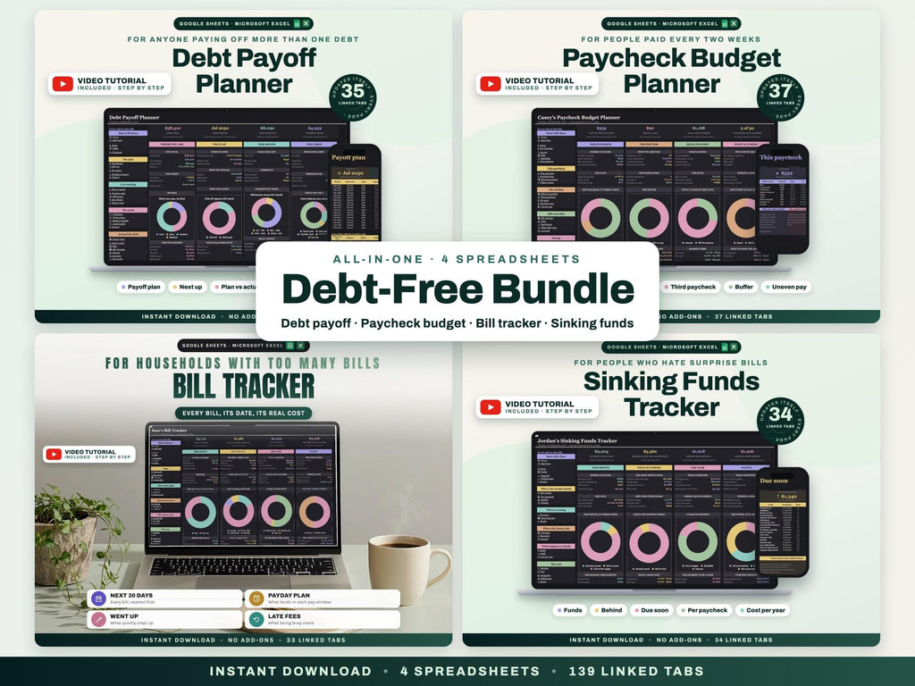 Debt-Free Bundle: Debt Payoff, Paycheck Budget, Bill Tracker and Sinking Funds Spreadsheets — cover