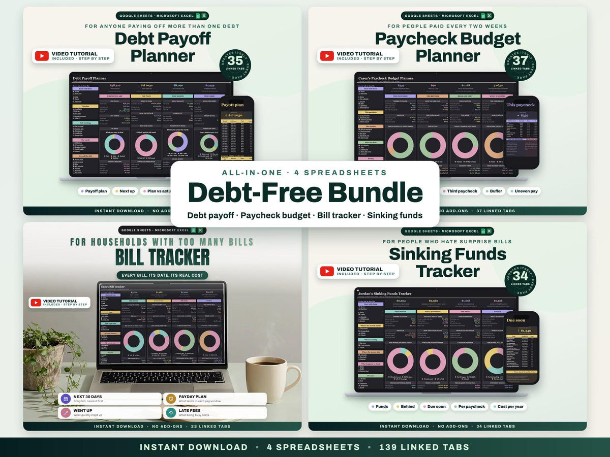 Debt-Free Bundle: Debt Payoff, Paycheck Budget, Bill Tracker and Sinking Funds Spreadsheets — cover