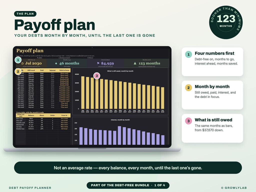 Debt-Free Bundle: Debt Payoff, Paycheck Budget, Bill Tracker and Sinking Funds Spreadsheets — g6 payoff plan