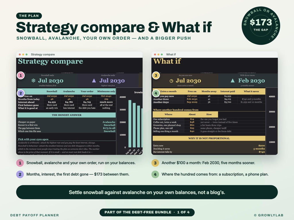 Debt-Free Bundle: Debt Payoff, Paycheck Budget, Bill Tracker and Sinking Funds Spreadsheets — g6 strategy whatif
