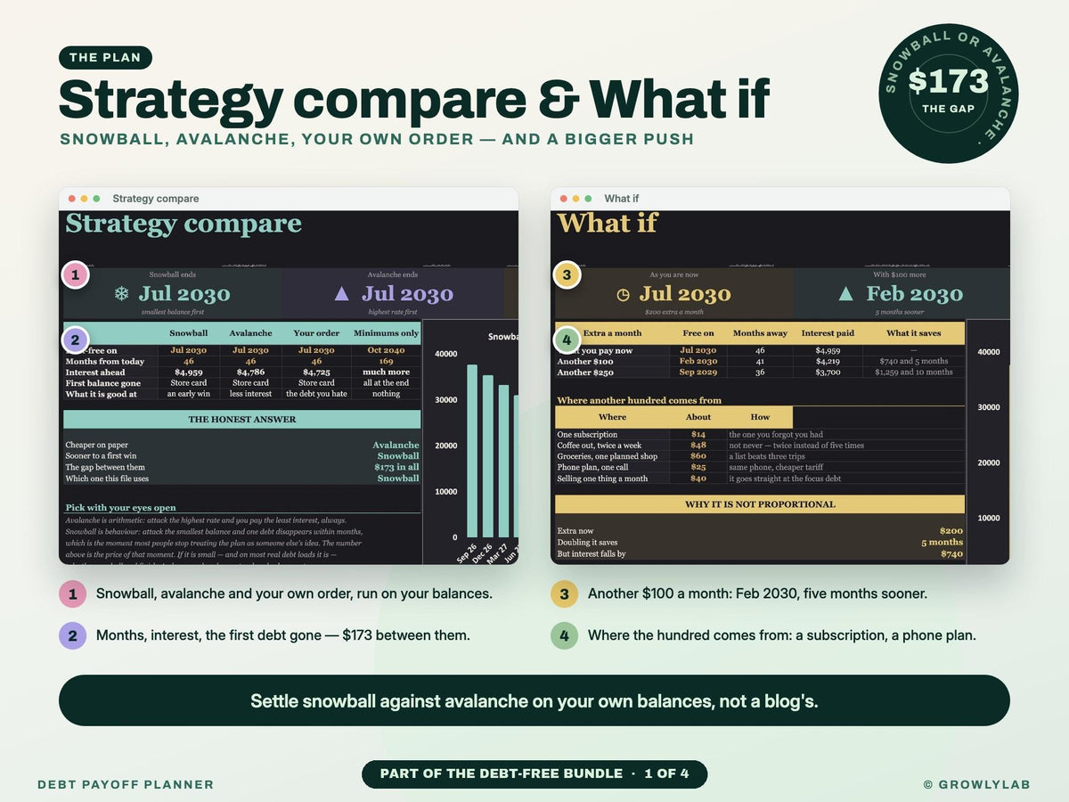 Debt-Free Bundle: Debt Payoff, Paycheck Budget, Bill Tracker and Sinking Funds Spreadsheets — g6 strategy whatif