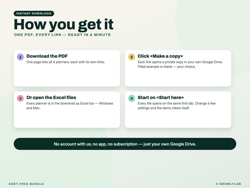 Debt-Free Bundle: Debt Payoff, Paycheck Budget, Bill Tracker and Sinking Funds Spreadsheets — delivery