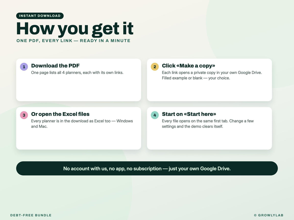 Debt-Free Bundle: Debt Payoff, Paycheck Budget, Bill Tracker and Sinking Funds Spreadsheets — delivery