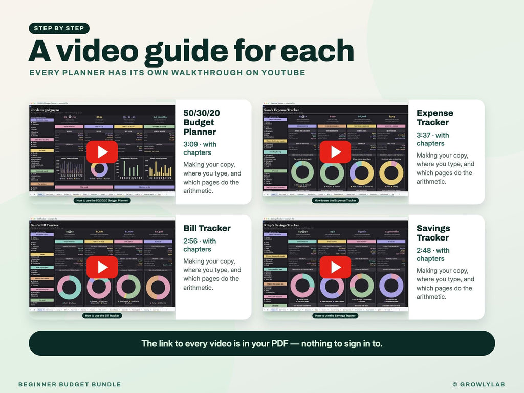 Beginner Budget Bundle: 50/30/20 Budget, Expense Tracker, Bill Tracker and Savings Tracker Spreadsheets — video guides