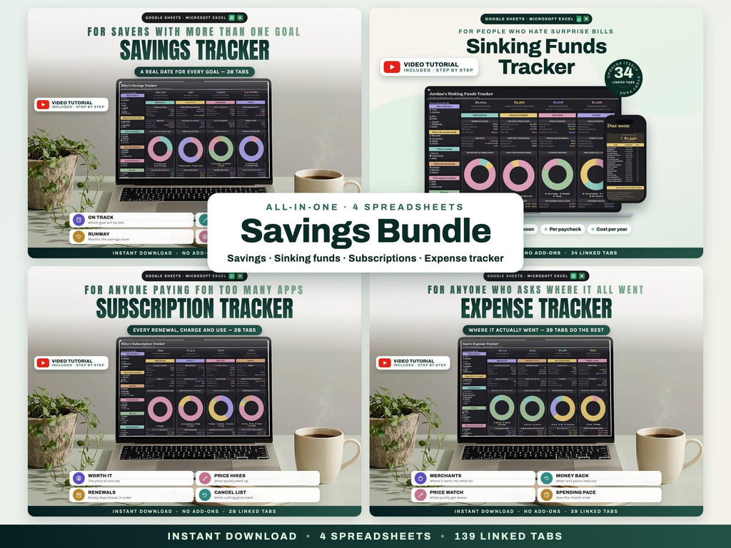 Savings Bundle: Savings Goals, Sinking Funds, Subscription and Expense Tracker Spreadsheets — cover