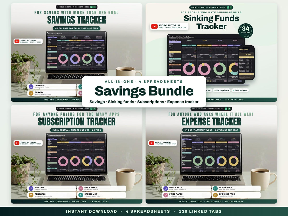 Savings Bundle: Savings Goals, Sinking Funds, Subscription and Expense Tracker Spreadsheets — cover