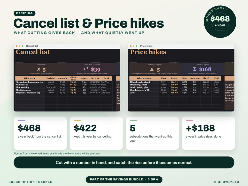 Savings Bundle: Savings Goals, Sinking Funds, Subscription and Expense Tracker Spreadsheets — g15 cancel hikes
