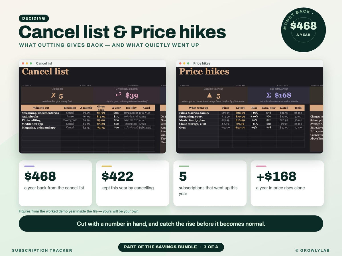 Savings Bundle: Savings Goals, Sinking Funds, Subscription and Expense Tracker Spreadsheets — g15 cancel hikes