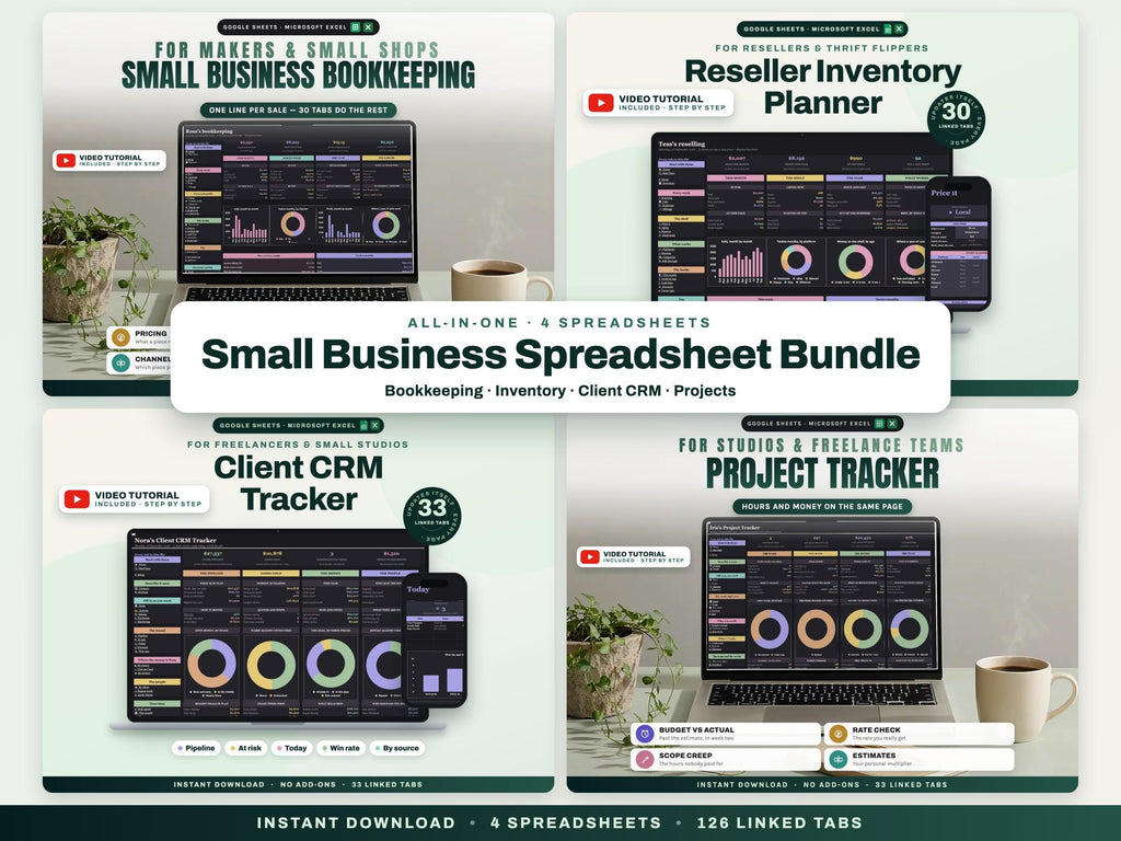 Small Business Spreadsheet Bundle: Bookkeeping, Inventory, Client CRM and Project Tracker — cover