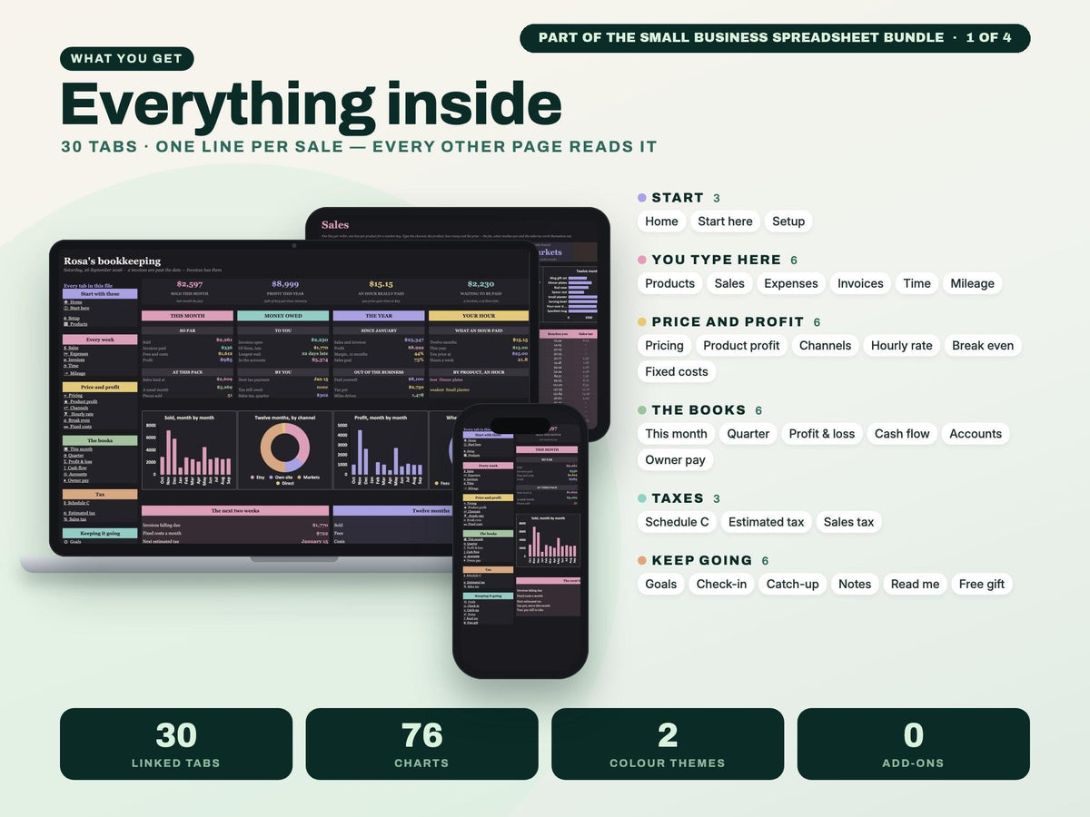 Small Business Spreadsheet Bundle: Bookkeeping, Inventory, Client CRM and Project Tracker — g7 inside