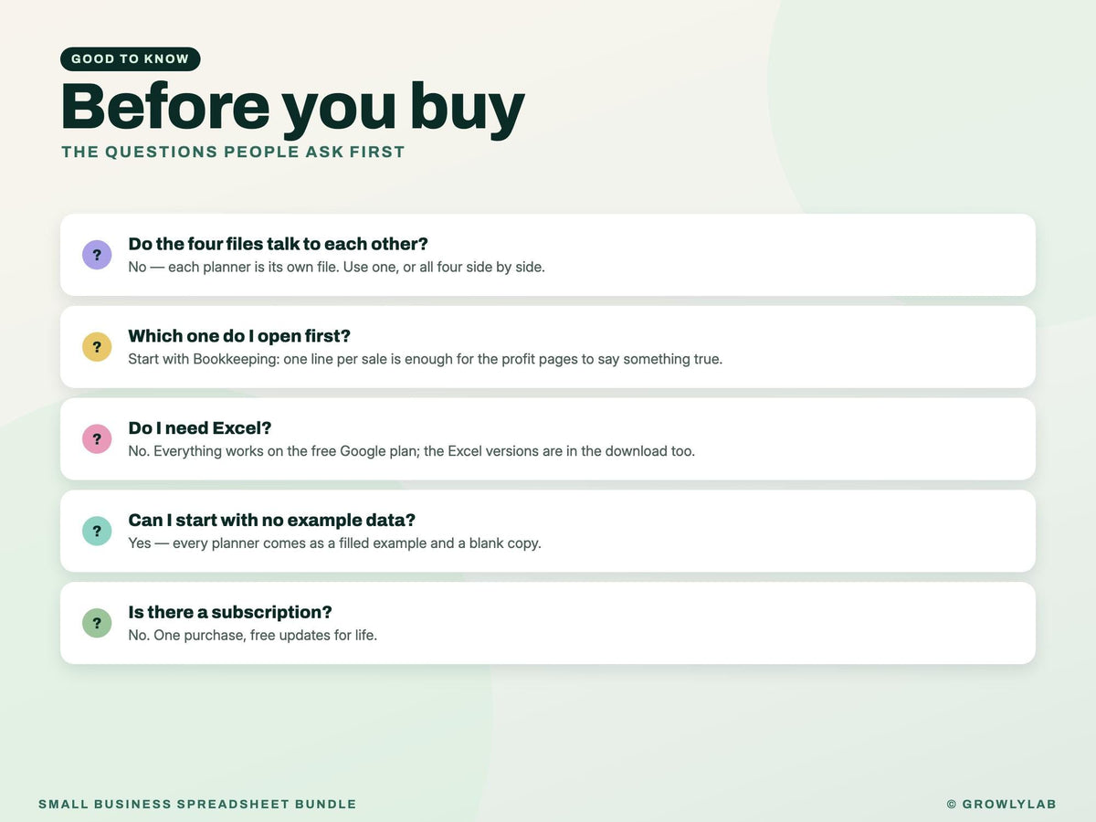 Small Business Spreadsheet Bundle: Bookkeeping, Inventory, Client CRM and Project Tracker — faq