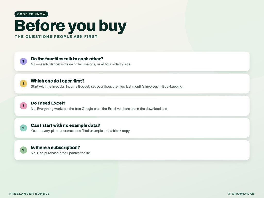 Freelancer Bundle: Irregular Income Budget, Bookkeeping, Client CRM and Project Tracker Spreadsheets — faq