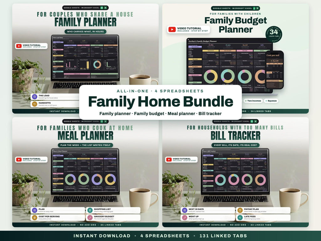 Family Home Bundle: Family Planner, Family Budget, Meal Planner and Bill Tracker Spreadsheets — cover