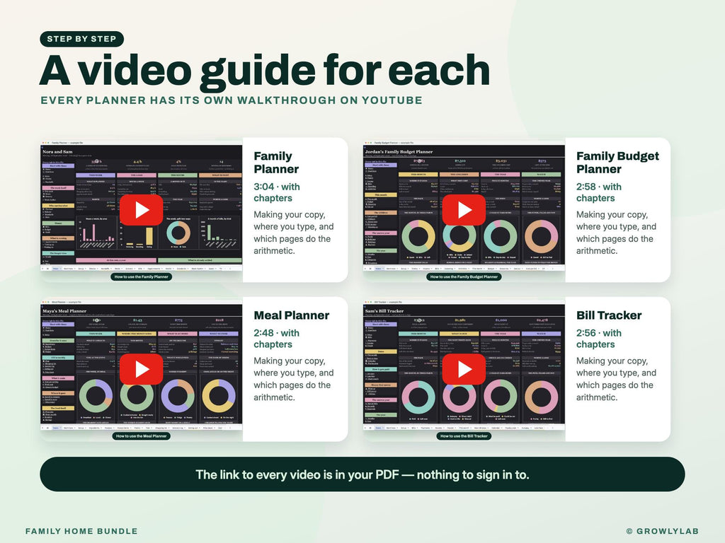 Family Home Bundle: Family Planner, Family Budget, Meal Planner and Bill Tracker Spreadsheets — video guides