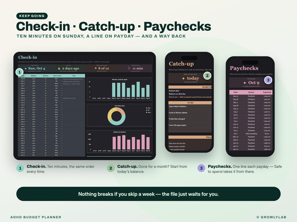 ADHD Budget Planner Spreadsheet for Google Sheets and Excel — check-in and catch-up