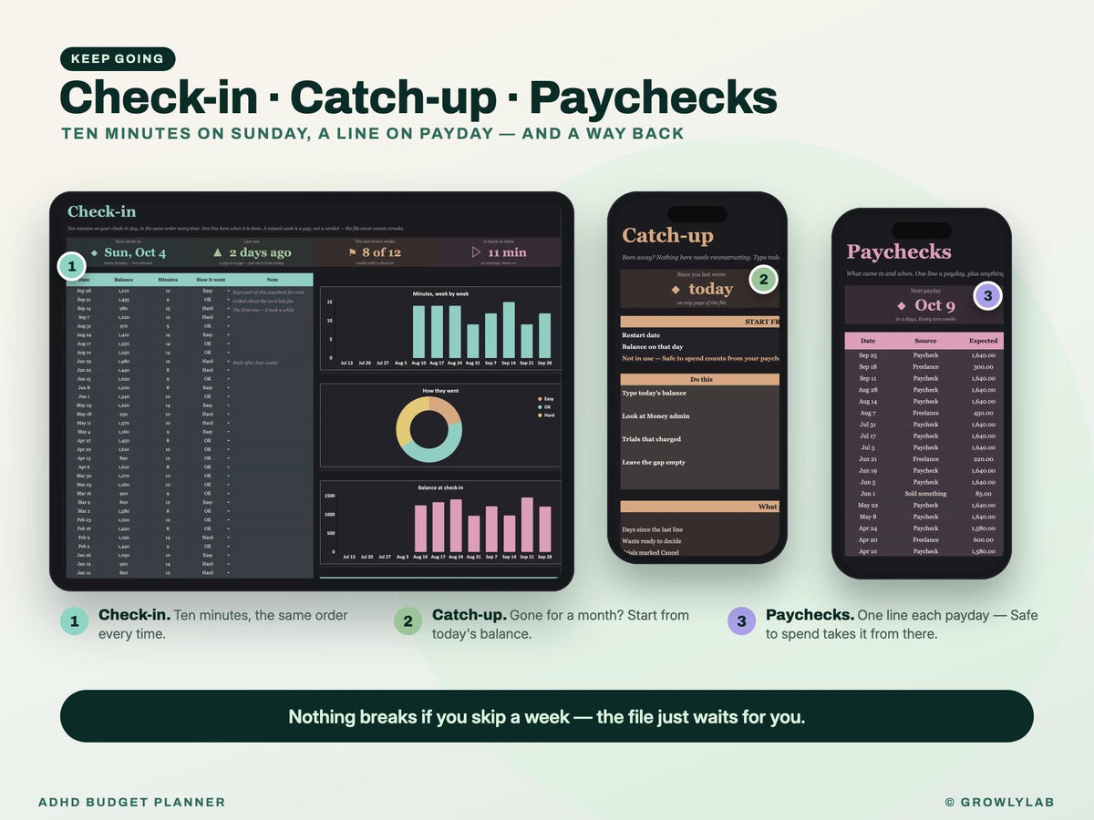 ADHD Budget Planner Spreadsheet for Google Sheets and Excel — check-in and catch-up