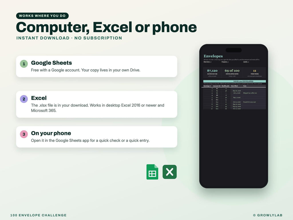 100 Envelope Challenge Spreadsheet Google Sheets Excel — Google Sheets and Excel