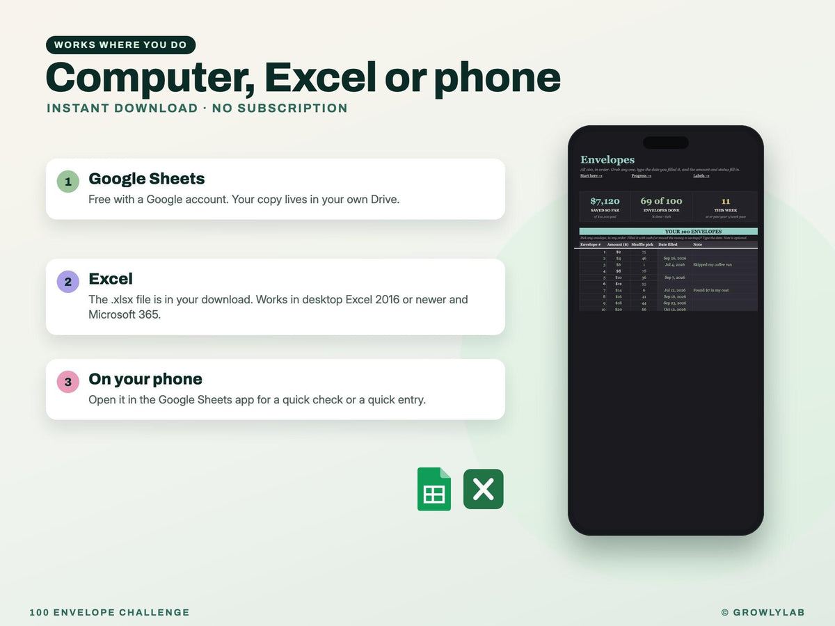 100 Envelope Challenge Spreadsheet Google Sheets Excel — Google Sheets and Excel