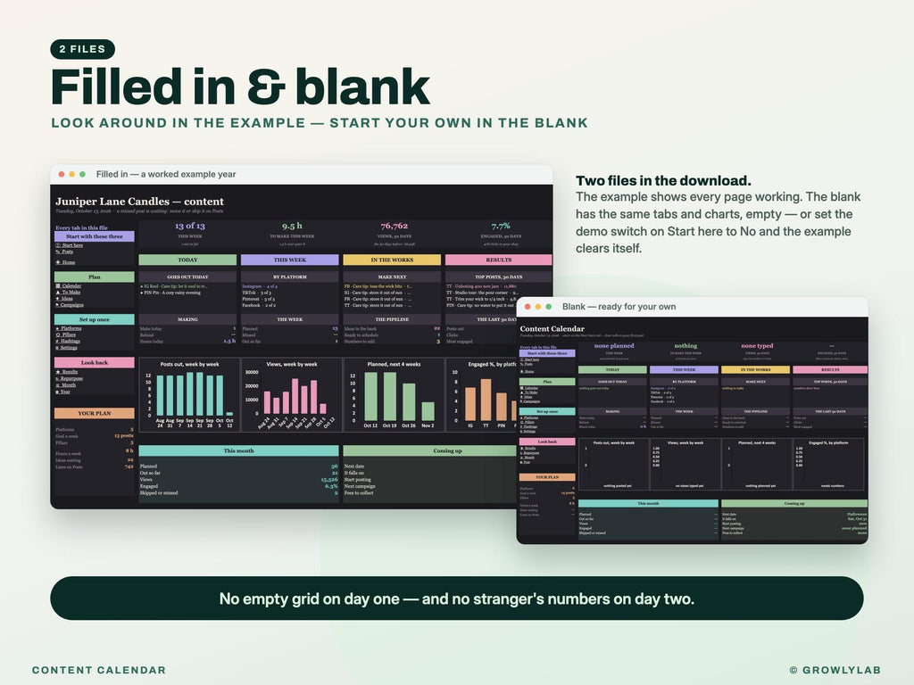 Content Calendar Spreadsheet — filled in and blank
