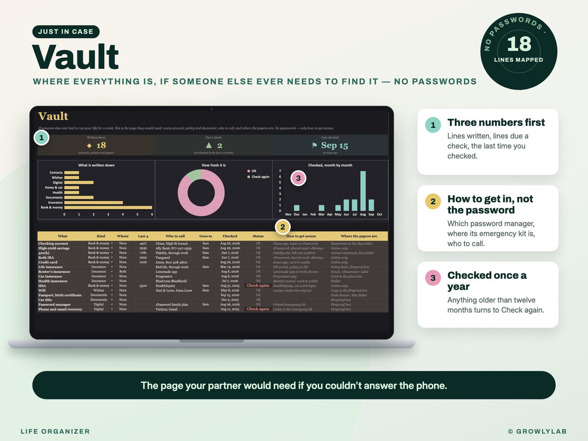 Life Organizer Spreadsheet: 2027 Life Planner with Goals, Habits, Life Admin and Important Documents for Google Sheets and Excel — vault