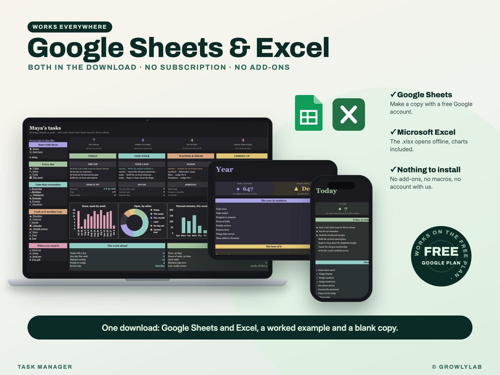Task Manager Spreadsheet: To Do List with Recurring Tasks, Priorities, Waiting For and Weekly Review for Google Sheets and Excel — Google Sheets and Excel